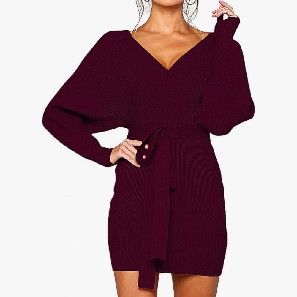 Mansy Burgundy Long Sleeve Wrap Knit Sweater Mini Dress - Medium
